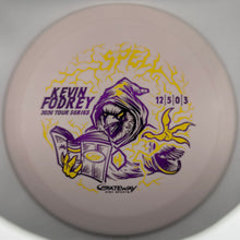 A Gateway Kevin Fodrey disc golf disc from the 2026 Tour Series, featuring a pale pink plastic body with a purple and yellow graphic of a hooded figure reading a book.