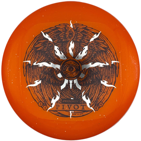 An orange disc golf disc with a detailed black and white phoenix design in the center and the word 'PIVOT' printed near the bottom, shown against a plain white background.