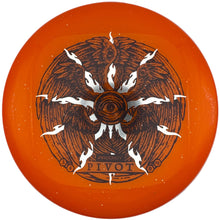 An orange disc golf disc with a detailed black and white phoenix design in the center and the word 'PIVOT' printed near the bottom, shown against a plain white background.
