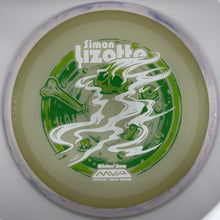 A disc golf disc from the MVA Simion Lizotte Special Team Series, featuring a translucent olive-green base with a green and white graphic of a skull, snake, and bone.