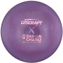 A purple Discraft Bangin' Chainz disc golf disc resting on a white foam insert, showing the pink and white printed logos.