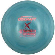 A light blue Discraft X Bangin' Chainz disc golf disc with red printed logos, shown inside its white packaging box.