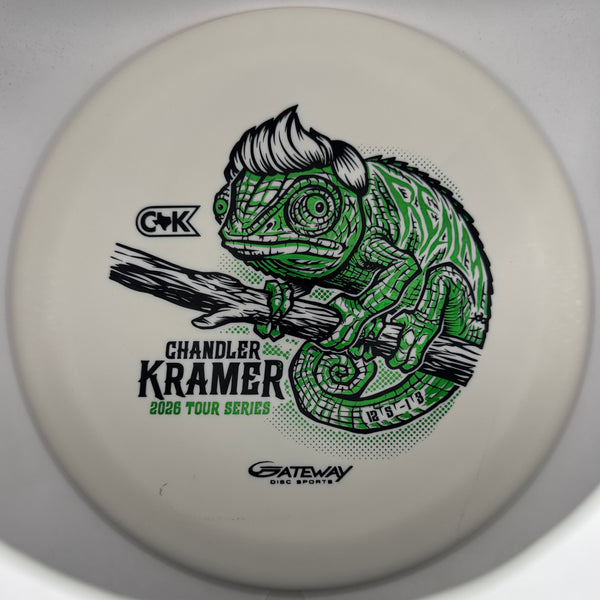 A white disc golf disc featuring a green and black chameleon graphic and the text 'Chandler Kramer 2020 Tour Series' with CMK and Gateway Disc Sports branding.
