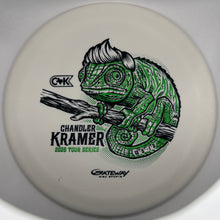 A white disc golf disc featuring a green and black chameleon graphic and the text 'Chandler Kramer 2020 Tour Series' with CMK and Gateway Disc Sports branding.