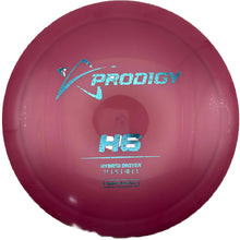 A pink disc golf driver with a metallic blue foil stamp reading 'PRODIGY H6' and 'HYBRID DRIVER', shown inside its white cardboard packaging.
