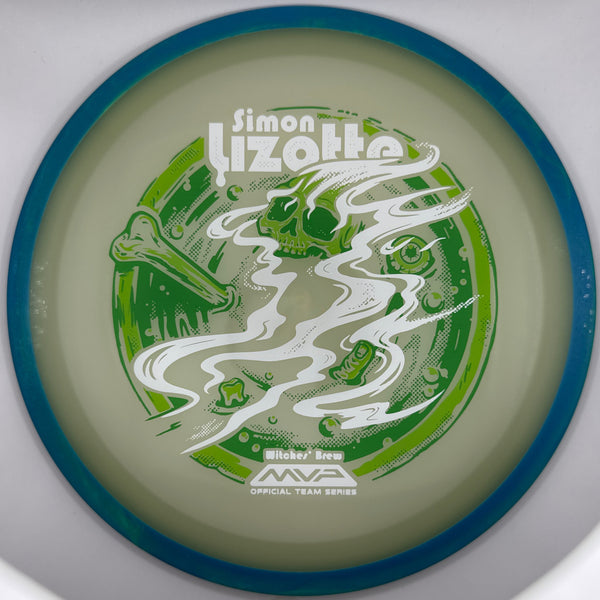 A disc golf disc featuring a green and white illustrated design with the name 'Simon Lizotte' and 'MWA Official Team Discs' printed on it, set against a silver-gray circular background.