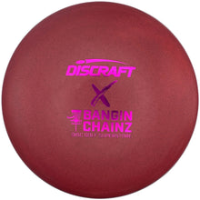 A red Discraft X Bangin' Chainz disc golf disc with pink laser-etched branding, displayed inside its white outer packaging.