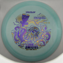 A mint green disc golf disc with purple and gold foil graphics of an octopus and a cup, featuring the text 'Grateful Airs', 'Sam Smigiel', and 'High Tour Series'.