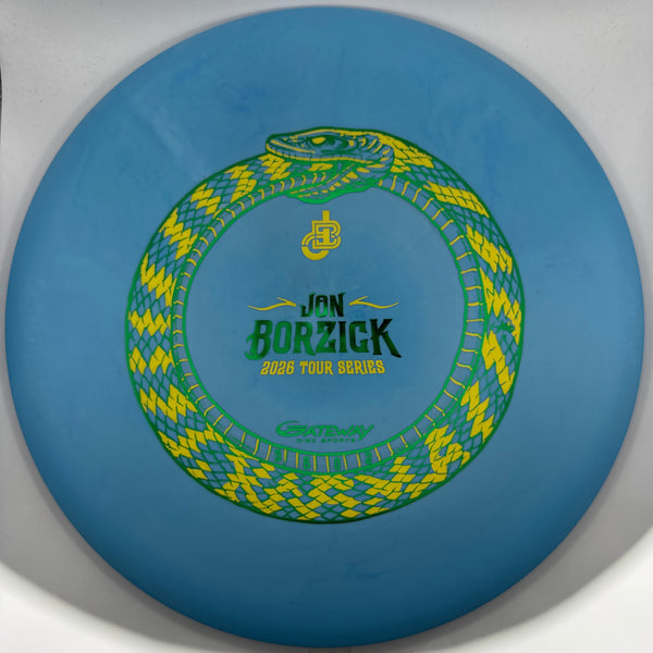 A blue disc golf disc with a yellow and green snake graphic and the text 'Jan Borzick' and '2024 Tour Series' in the center, photographed on a white background.