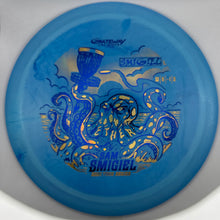 A blue disc golf disc with a detailed blue and gold octopus graphic and the text 'Sam Smigiel' and 'Graviton' on a plain white background.