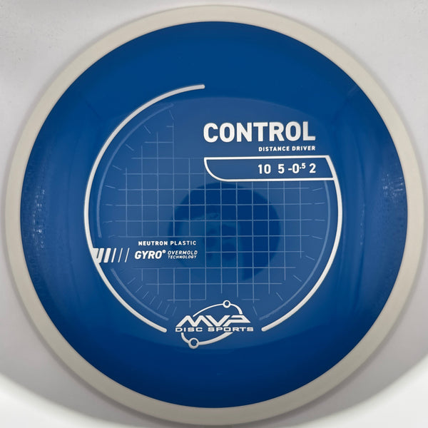 A blue and white disc golf disc, specifically a M2A Disc Sports Control distance driver, photographed from directly above on a white background.