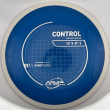 A blue and white disc golf disc, specifically a M2A Disc Sports Control distance driver, photographed from directly above on a white background.