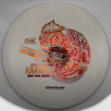 A white Gateway disc golf disc featuring a metallic orange and red holographic foil design of a chameleon and the text 'Chameleon Kramer 2020 Tour Series'.
