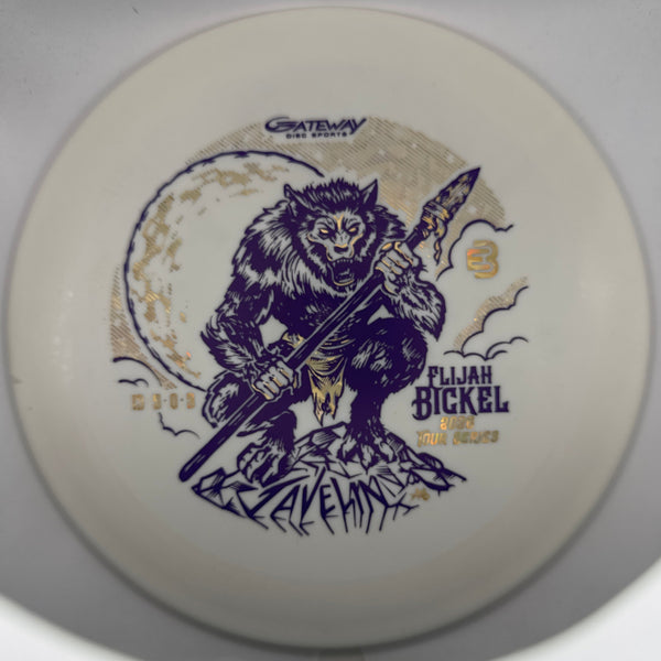 A white disc golf disc featuring a purple and gold illustration of a Bigfoot-like creature holding a bickel, with the text 'Contemporary Disc Sports' and 'Plijan Bickel'.