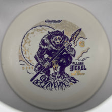 A white disc golf disc featuring a purple and gold illustration of a Bigfoot-like creature holding a bickel, with the text 'Contemporary Disc Sports' and 'Plijan Bickel'.