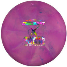 A purple Discraft disc golf disc with a marbled pattern, featuring the 'Discraft' and 'Banzai Chainz' logos printed on the center, resting on a white foam insert.