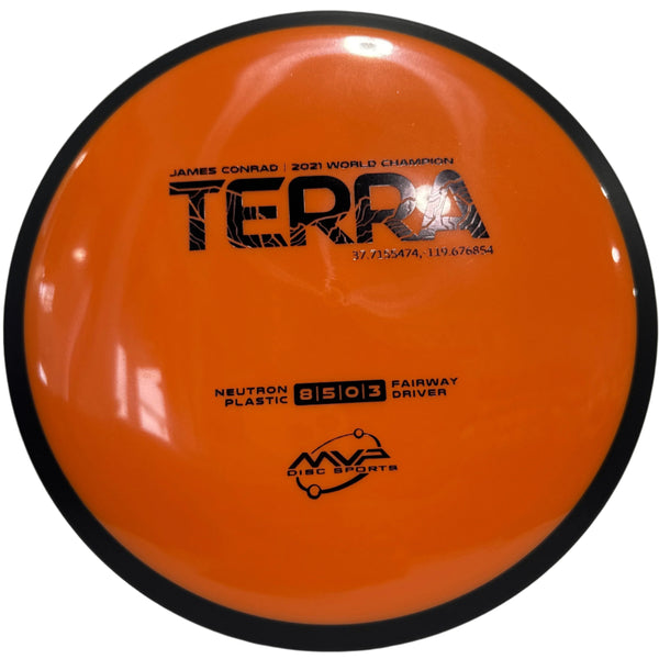 Orange disc with black text and branding on a white background