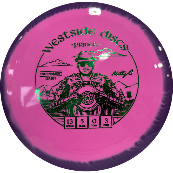 Pink disc with purple rim and black graphics on a white background