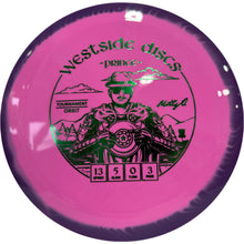 Pink disc with purple rim and black graphics on a white background